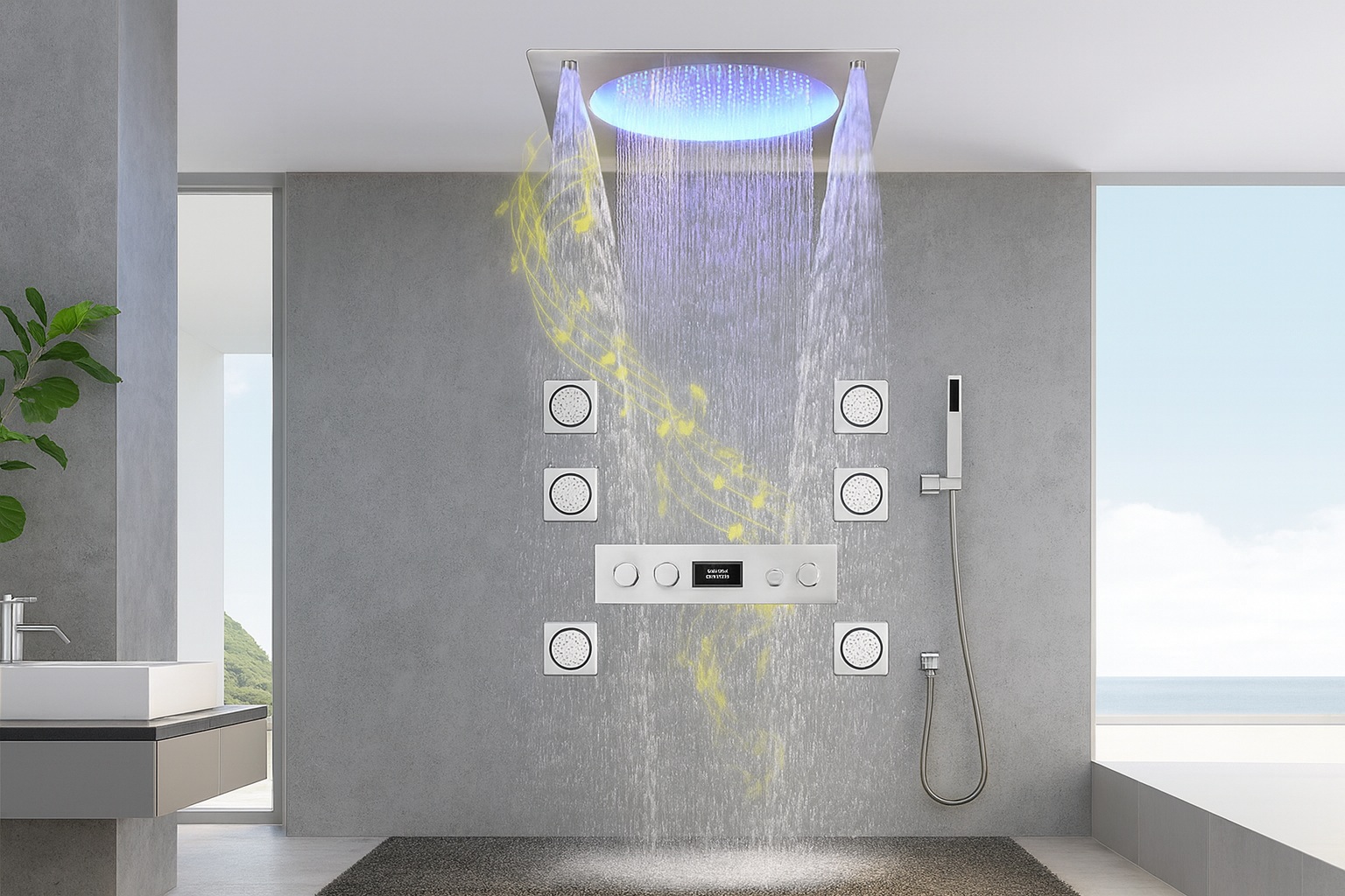 FontanaShowers complete shower system with thermostatic control and handheld set